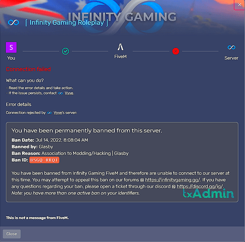 infinity gaming ban message